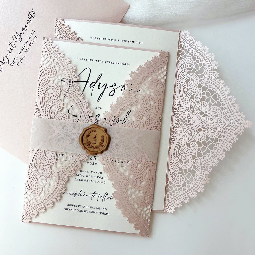 Elegant Lace Wedding Invitation Set with Wax Seal Belly Band, Pale Pink Lace Wraps Wedding Ceremony Supplies Picky Bride
