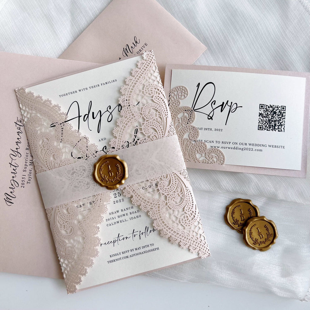Elegant Lace Wedding Invitation Set with Wax Seal Belly Band, Pale Pink Lace Wraps Wedding Ceremony Supplies Picky Bride