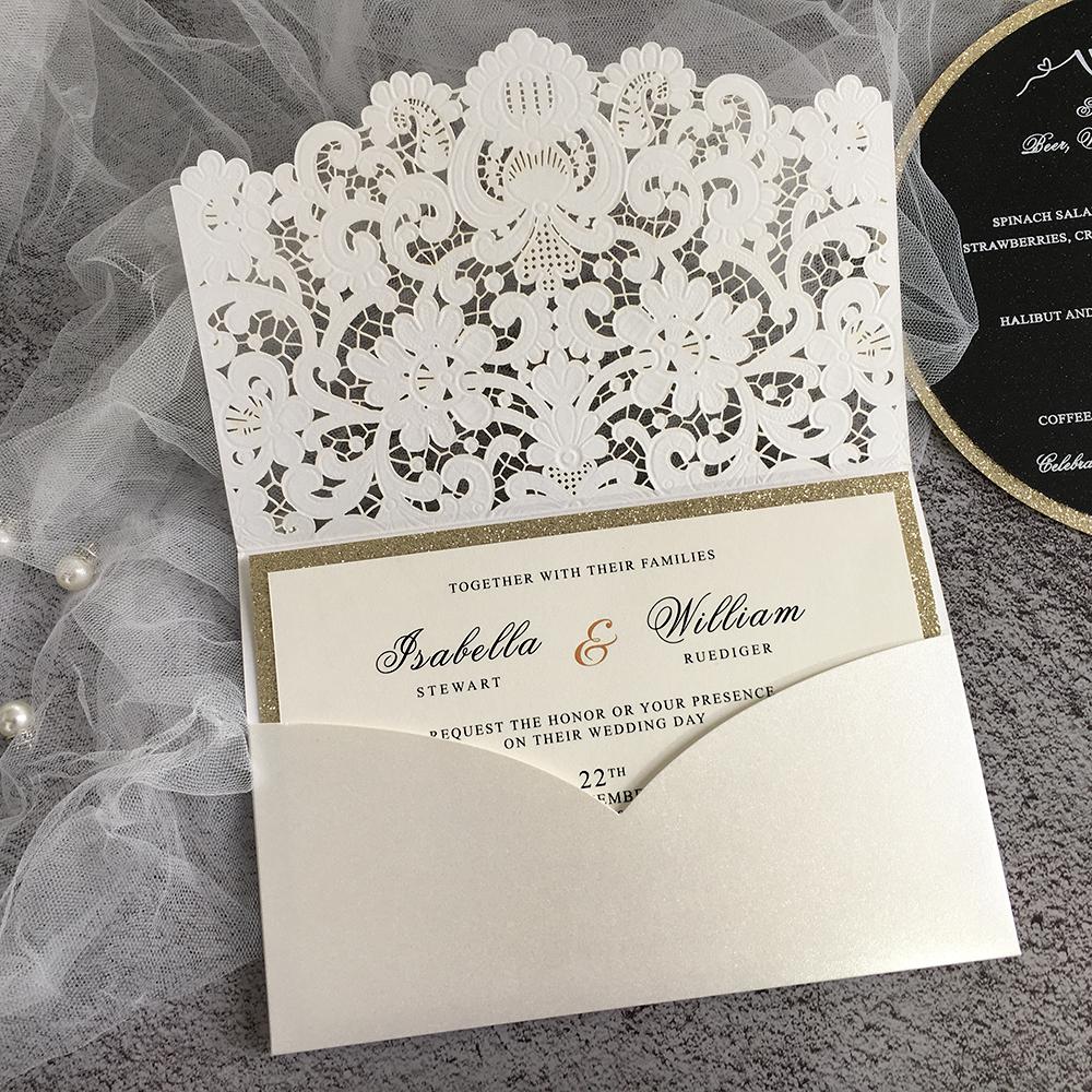 Elegant Pocket Wedding Invitations Suite Laser Cut Lace Wedding Invitation with RSVP Cards Picky Bride