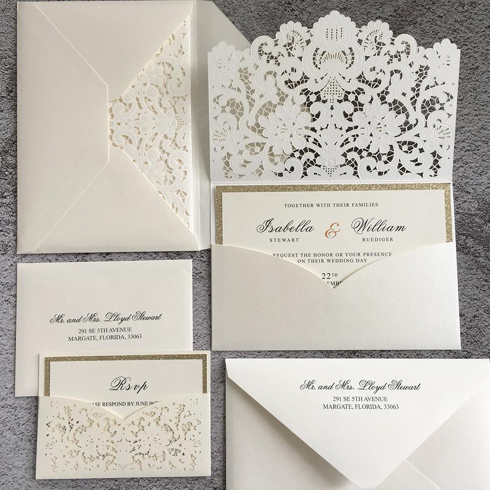 Elegant Pocket Wedding Invitations Suite Laser Cut Lace Wedding Invitation with RSVP Cards Picky Bride 
