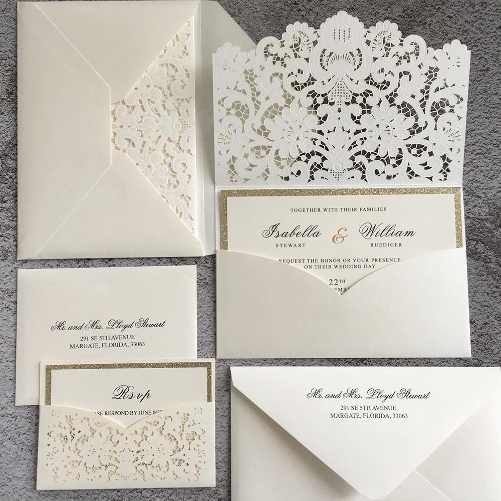 Elegant Pocket Wedding Invitations Suite Laser Cut Lace Wedding Invitation with RSVP Cards Picky Bride