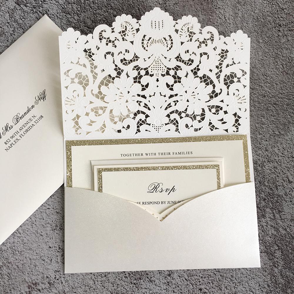 Champagne Laser Cut Lace Pocketfold Wedding Invitation + Wedding