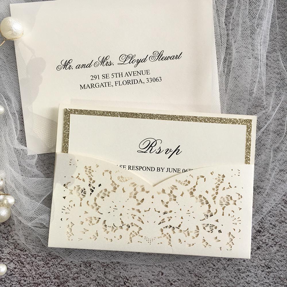 Elegant Pocket Wedding Invitations Suite Laser Cut Lace Wedding Invitation with RSVP Cards Picky Bride