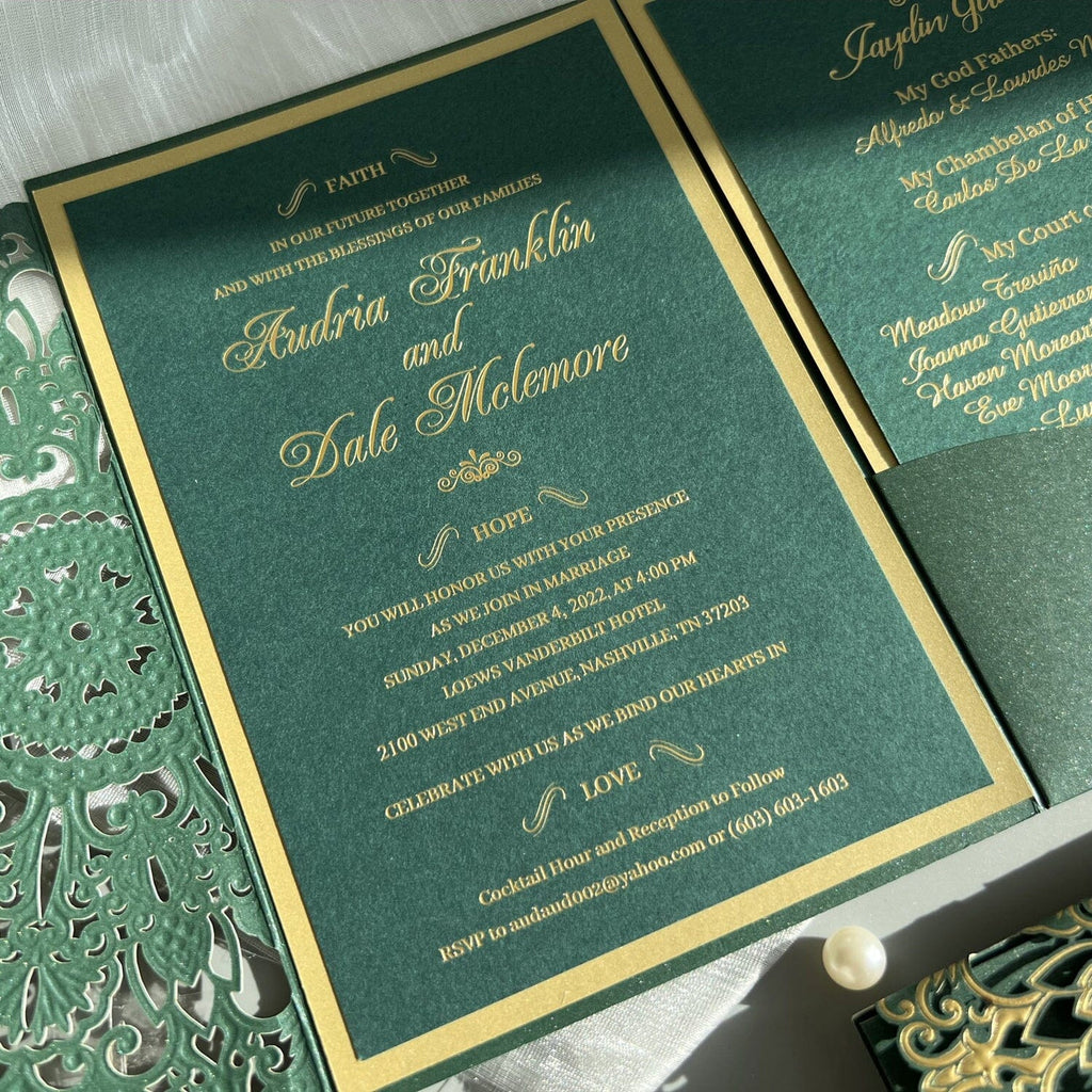 Embossed Jungle Wedding Invitation Suites, Forest Green and Gold Foil Wedding Invites, Pocket Invitations Wedding Ceremony Supplies Picky Bride