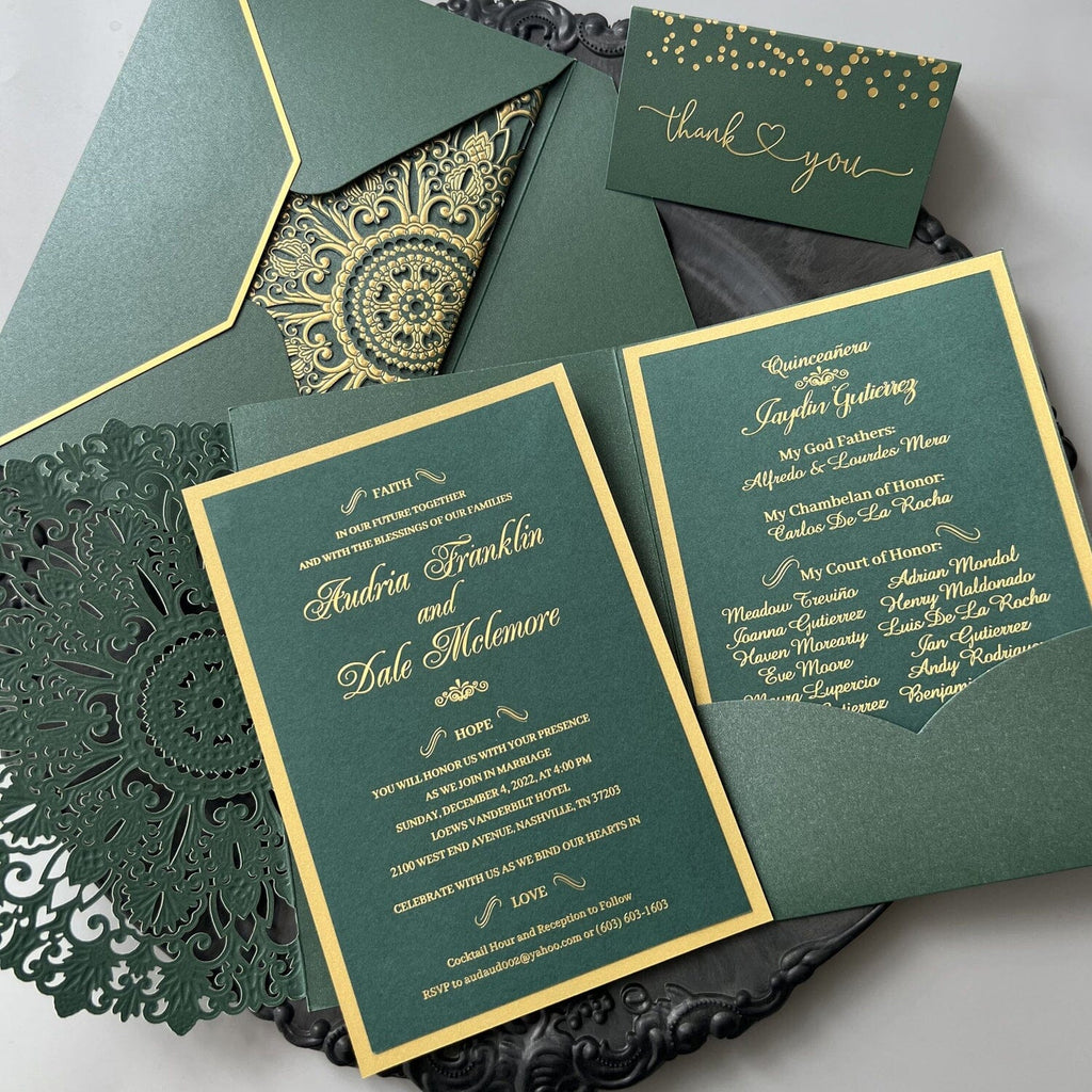 Embossed Jungle Wedding Invitation Suites, Forest Green and Gold Foil Wedding Invites, Pocket Invitations Wedding Ceremony Supplies Picky Bride