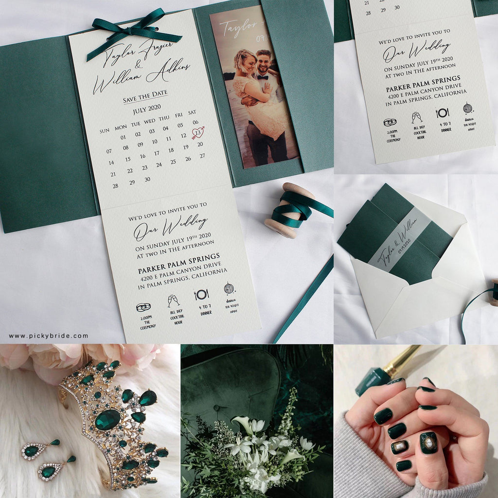 Emerald Green Pocket Wedding Invitations Modern Calligraphy Wedding Cards Customized Invitations with Photo Picky Bride