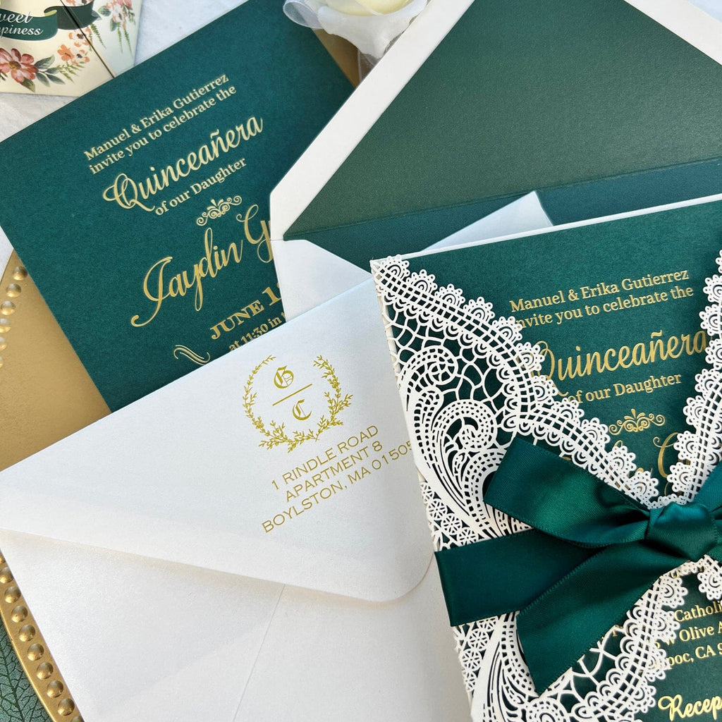 Emerald Green Quinceanera Invitation Sweet 16, Gold Foil Sweet Sixteen Birthday Invitations, Any Age Picky Bride