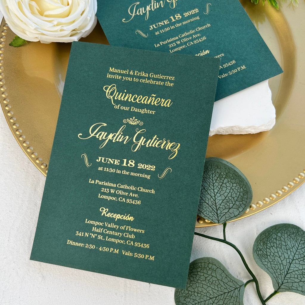 Emerald Green Quinceanera Invitation Sweet 16, Gold Foil Sweet Sixteen Birthday Invitations, Any Age Picky Bride 