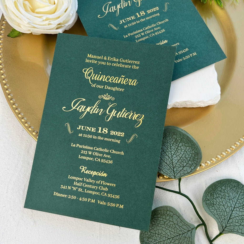 Emerald Green Quinceanera Invitation Sweet 16, Gold Foil Sweet Sixteen Birthday Invitations, Any Age Picky Bride