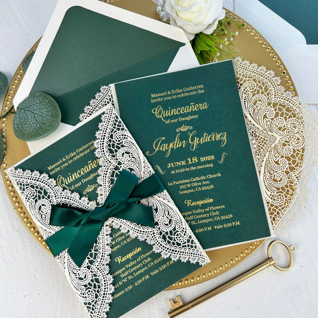 Emerald Green Quinceanera Invitation Sweet 16, Gold Foil Sweet Sixteen Birthday Invitations, Any Age Picky Bride