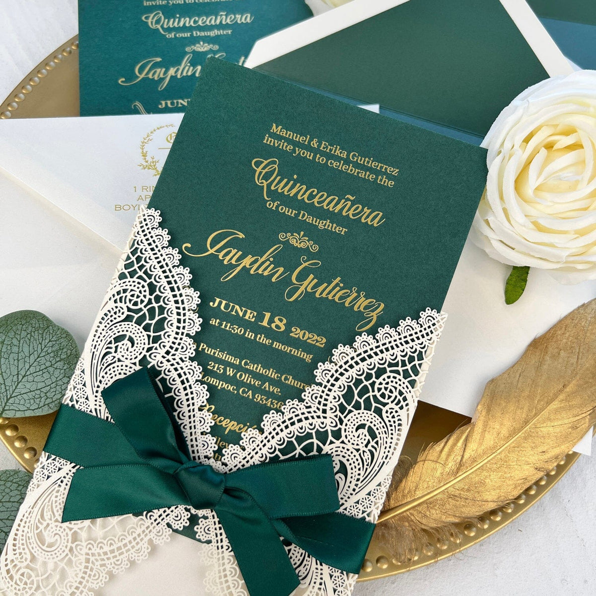 Emerald Green Quinceanera Invitation Sweet 16, Gold Foil Sweet Sixteen