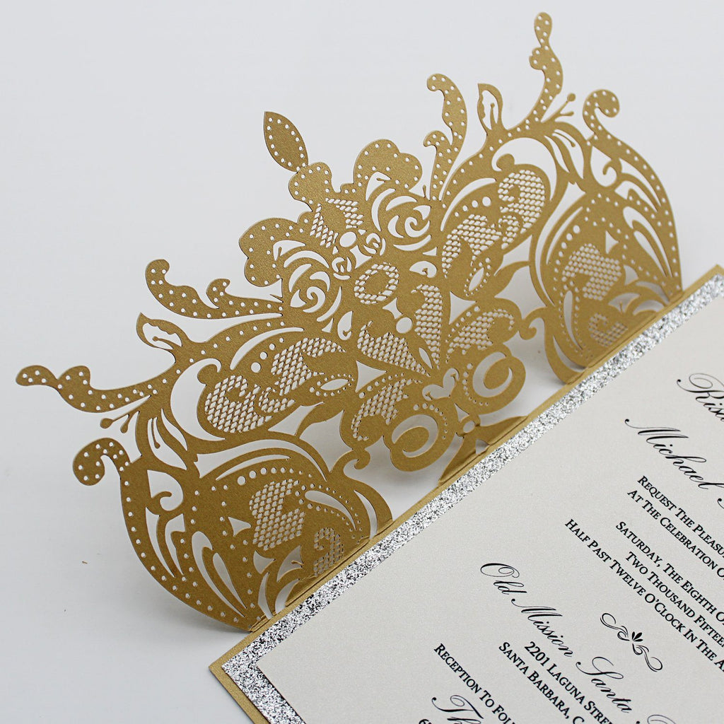 Fancy Golden Flower Invitations For Wedding, Gold Glitter Bridal Shower Invitations Picky Bride