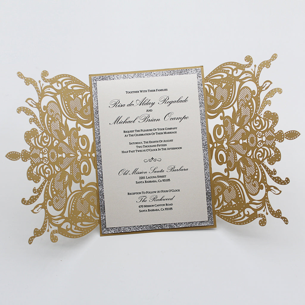 Fancy Golden Flower Invitations For Wedding, Gold Glitter Bridal Shower Invitations Picky Bride