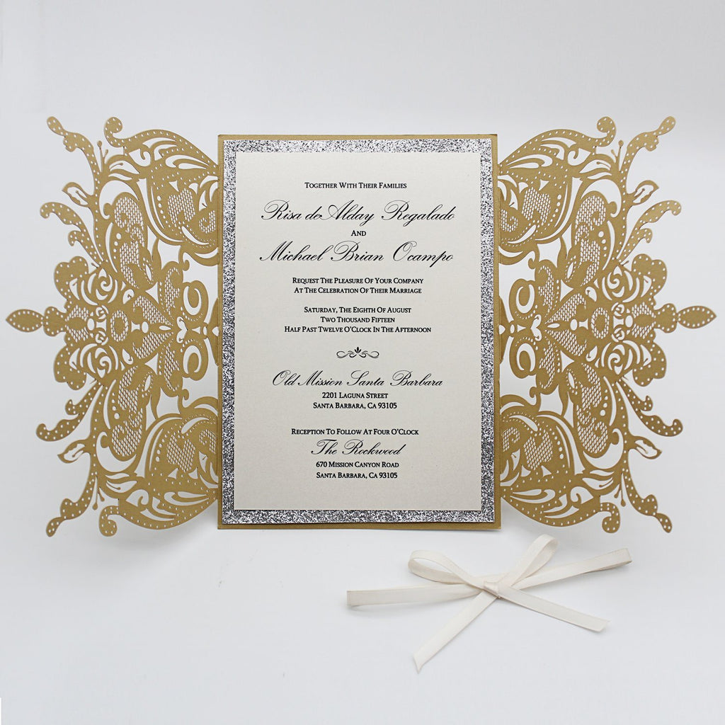 Fancy Golden Flower Invitations For Wedding, Gold Glitter Bridal Shower Invitations Picky Bride
