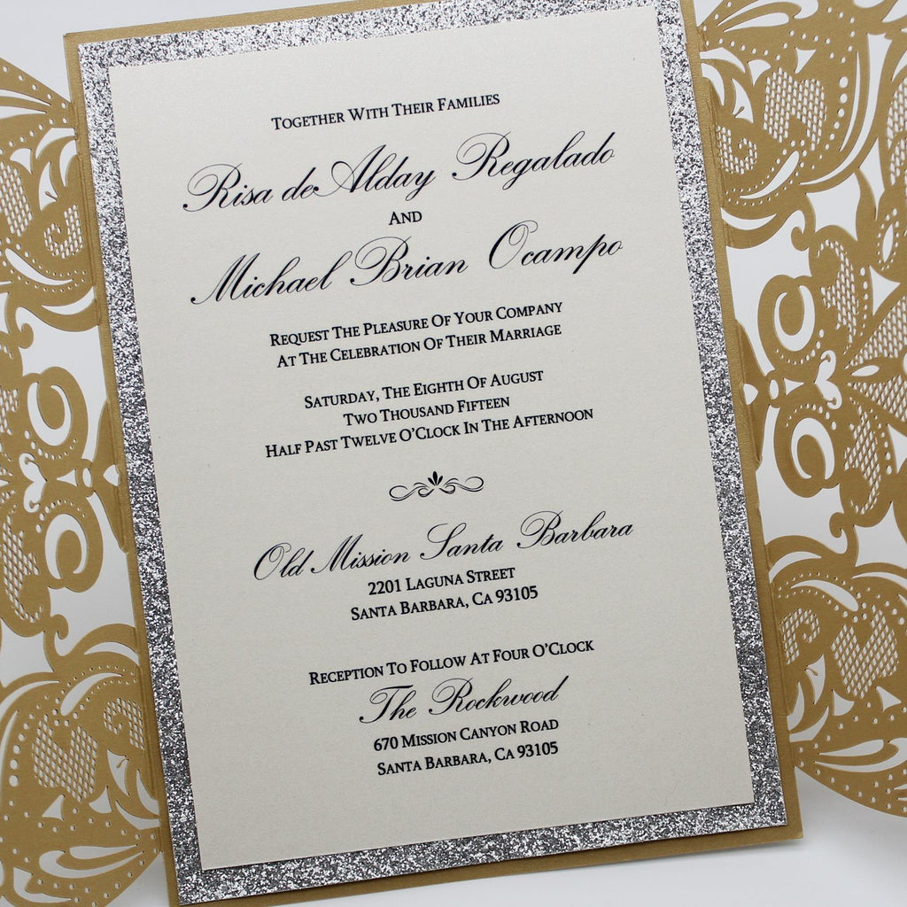 Fancy Golden Flower Invitations For Wedding, Gold Glitter Bridal Shower Invitations Picky Bride