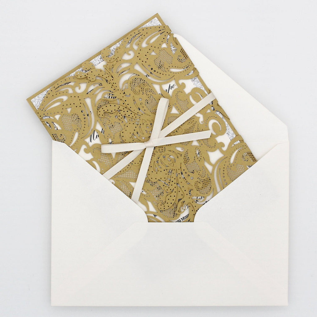 Fancy Golden Flower Invitations For Wedding, Gold Glitter Bridal Shower Invitations Picky Bride