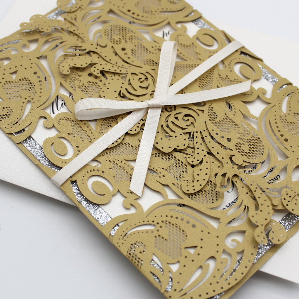 Fancy Golden Flower Invitations For Wedding, Gold Glitter Bridal Shower Invitations Picky Bride