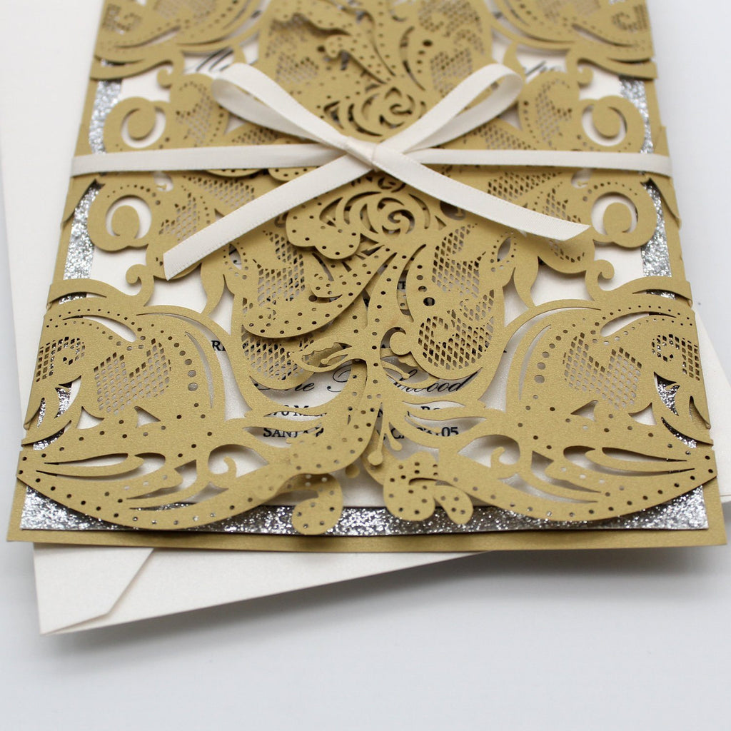 Fancy Golden Flower Invitations For Wedding, Gold Glitter Bridal Shower Invitations Picky Bride