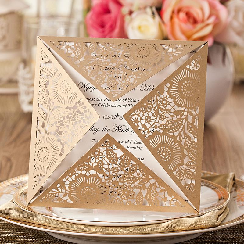 Floral Wedding Invitation Laser Cut Bridal Shower Invitation Cards - Set of 50 Picky Bride Blank Gold