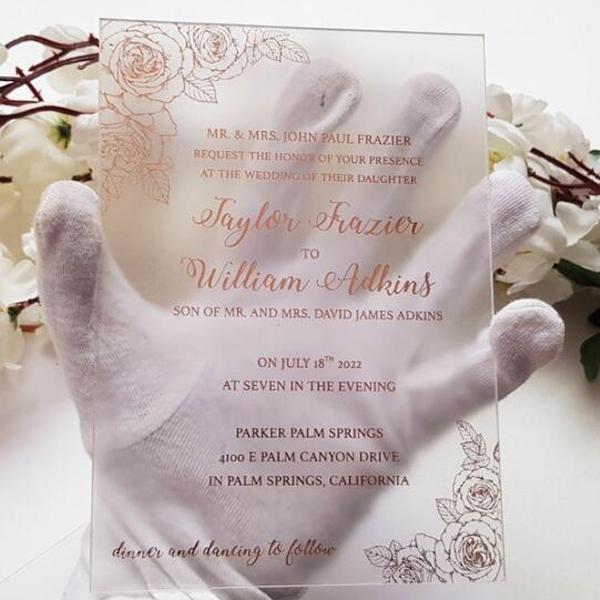 FROSTED Lucite Acrylic Wedding Invitations, Calligraphy Foil Gold Printing Transparent Invites With Burgundy Envelopes Picky Bride 