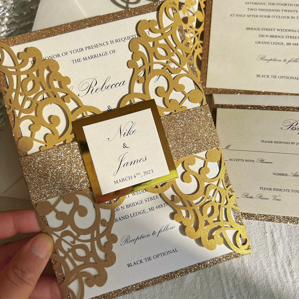 Glitter Gold Laser Cut Wedding Invitations Suite with Bellyband Wedding Ceremony Supplies Picky Bride
