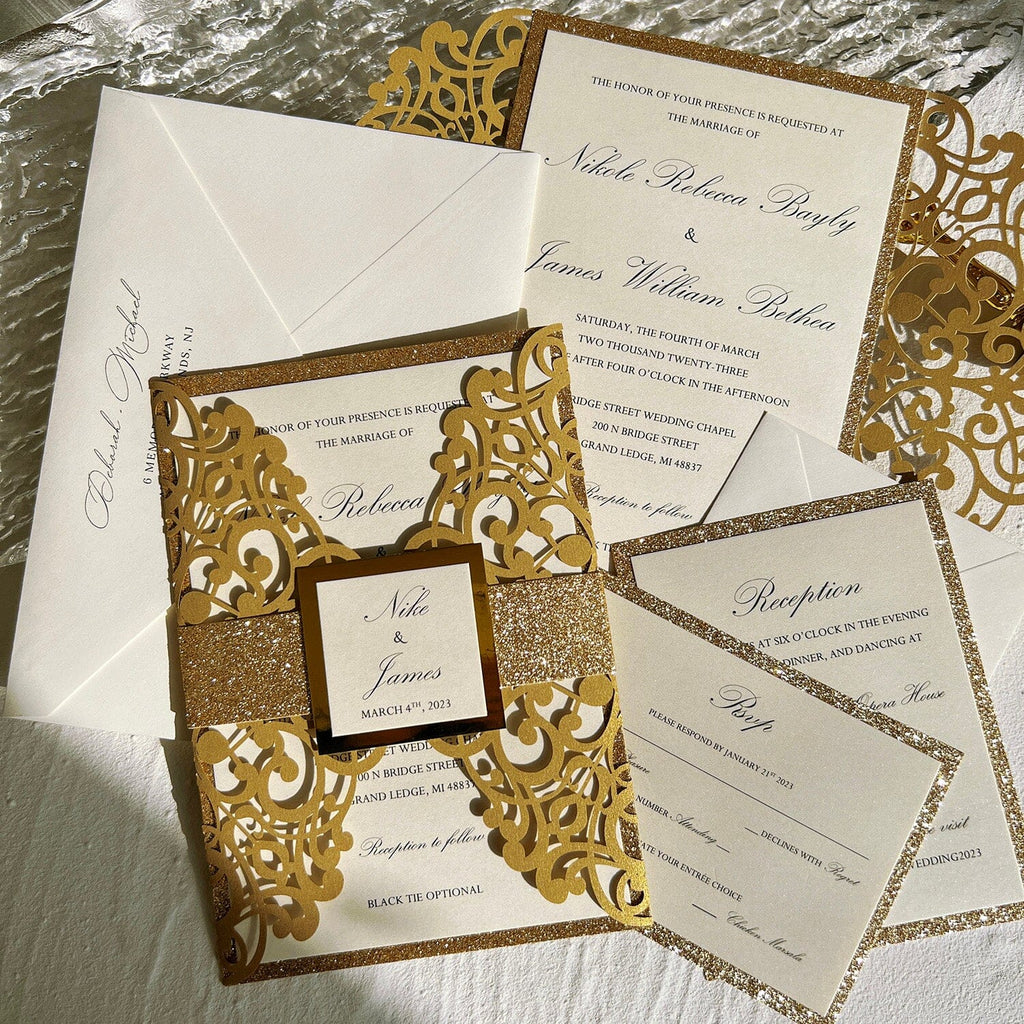 Glitter Gold Laser Cut Wedding Invitations Suite with Bellyband Wedding Ceremony Supplies Picky Bride