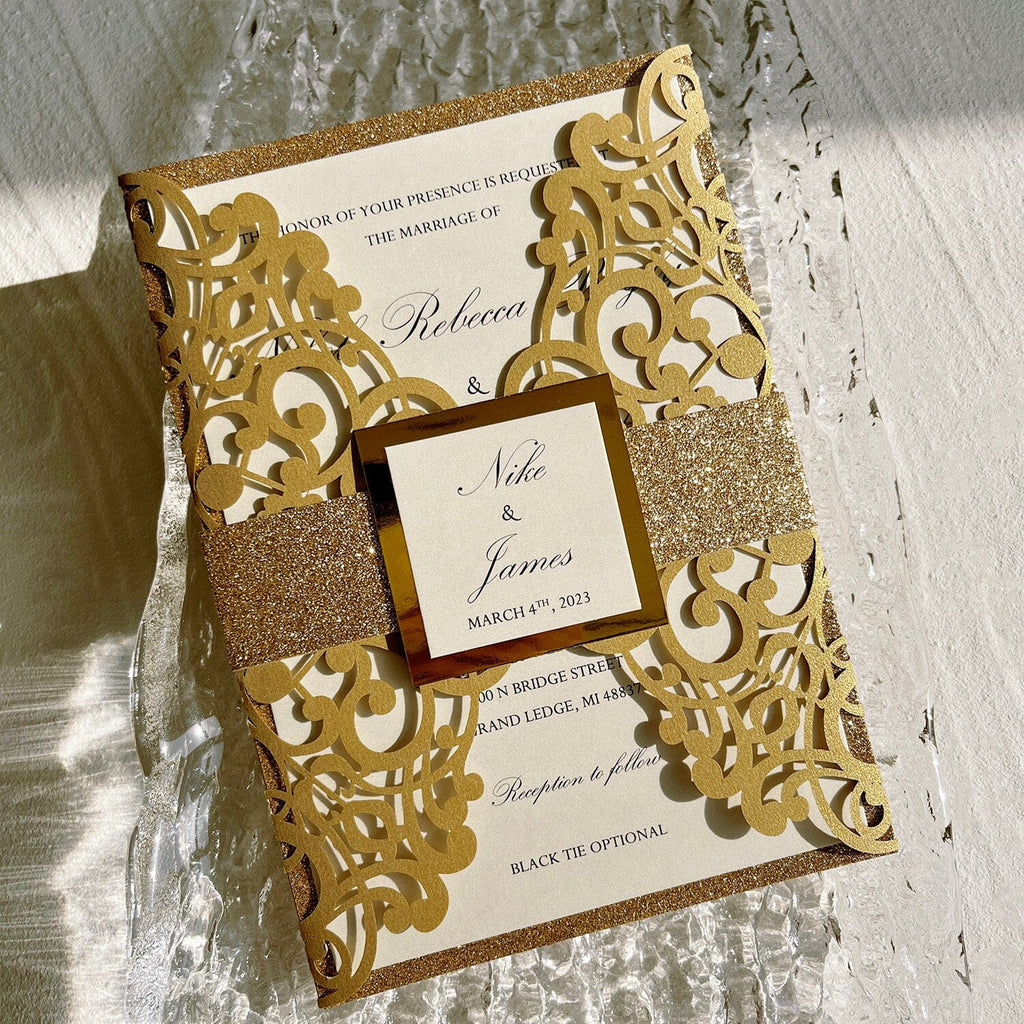 Glitter Gold Laser Cut Wedding Invitations Suite with Bellyband Wedding Ceremony Supplies Picky Bride
