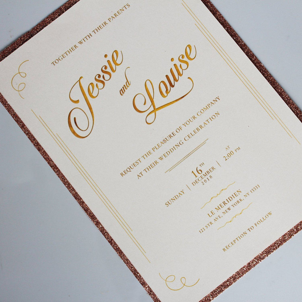 Glitter Gold Wedding Invitation with Elegant Ribbon Picky Bride