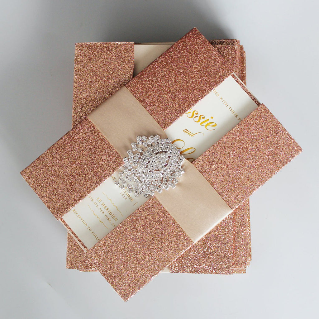 Glitter Gold Wedding Invitation with Elegant Ribbon Picky Bride