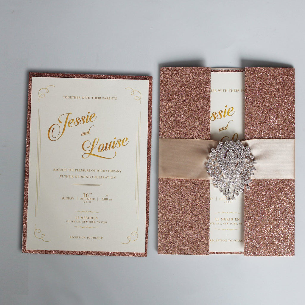 Glitter Gold Wedding Invitation with Elegant Ribbon Picky Bride