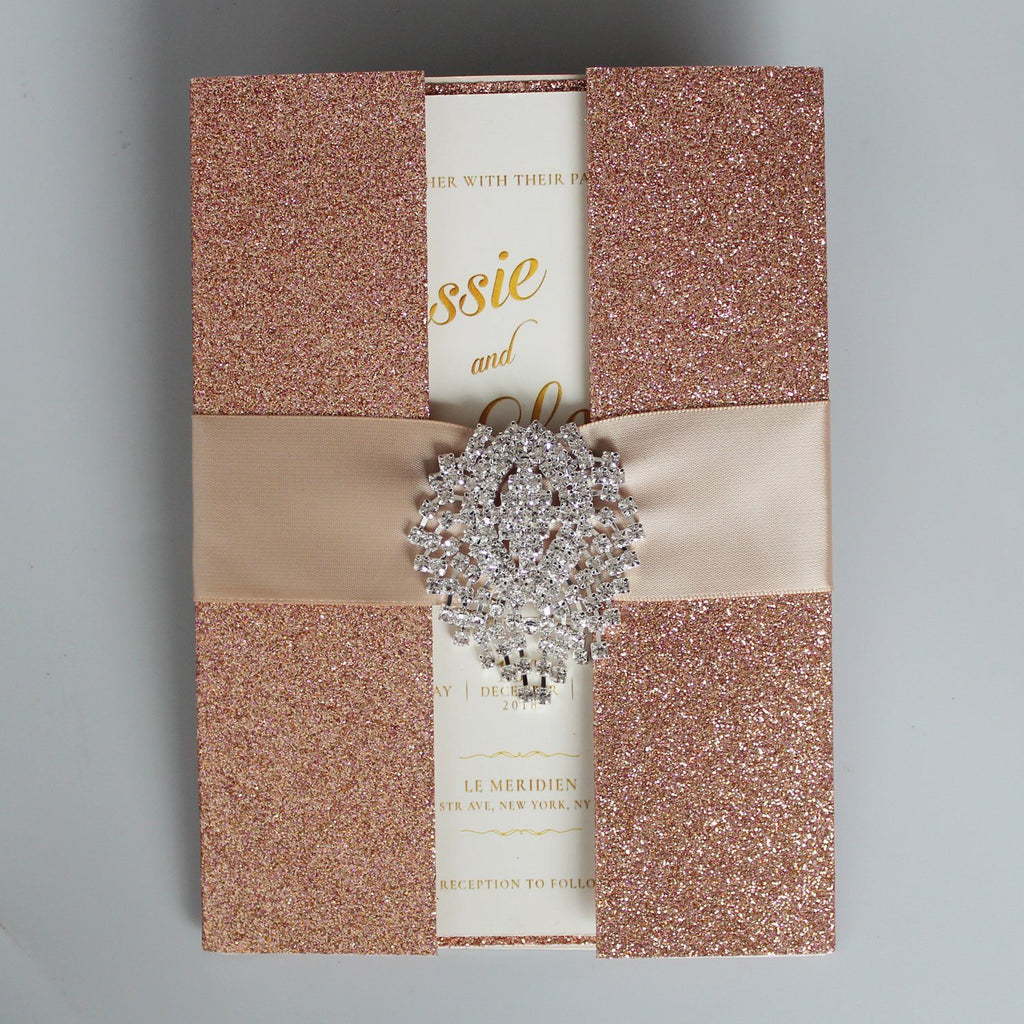 Glitter Gold Wedding Invitation with Elegant Ribbon Picky Bride