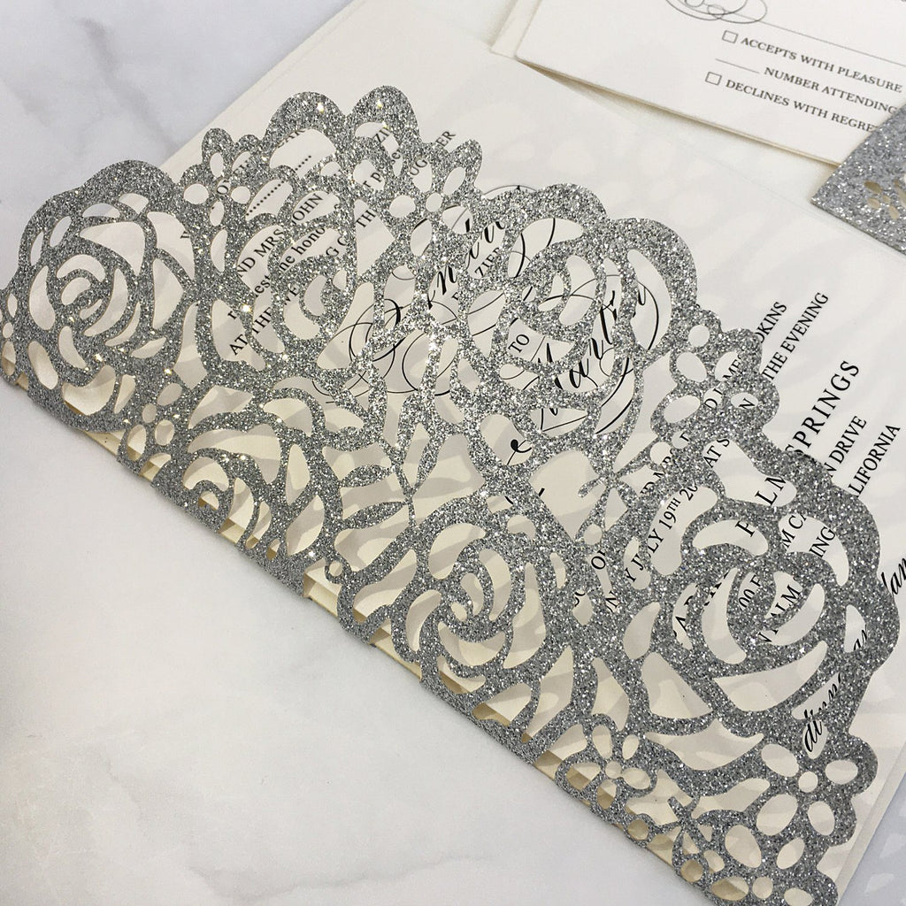 Glitter Paper Wedding Invitations Silver Laser Cut Invitations Card with Ivory Inner Card and RSVP Cards Picky Bride