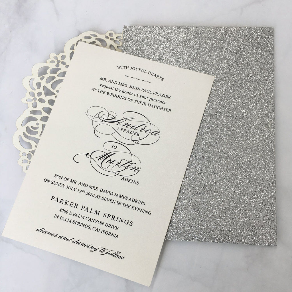 Glitter Paper Wedding Invitations Silver Laser Cut Invitations Card with Ivory Inner Card and RSVP Cards Picky Bride