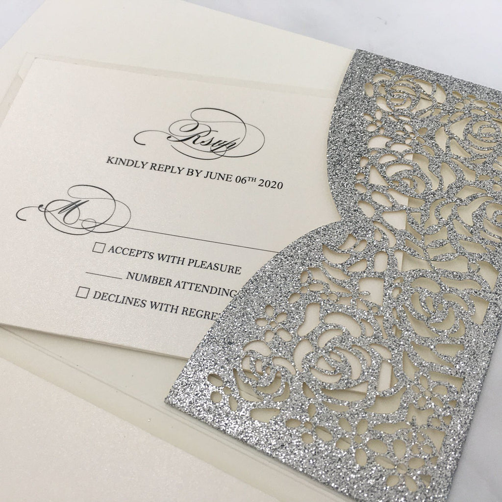 Glitter Paper Wedding Invitations Silver Laser Cut Invitations Card with Ivory Inner Card and RSVP Cards Picky Bride