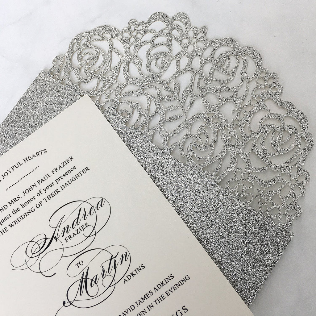Glitter Paper Wedding Invitations Silver Laser Cut Invitations Card with Ivory Inner Card and RSVP Cards Picky Bride