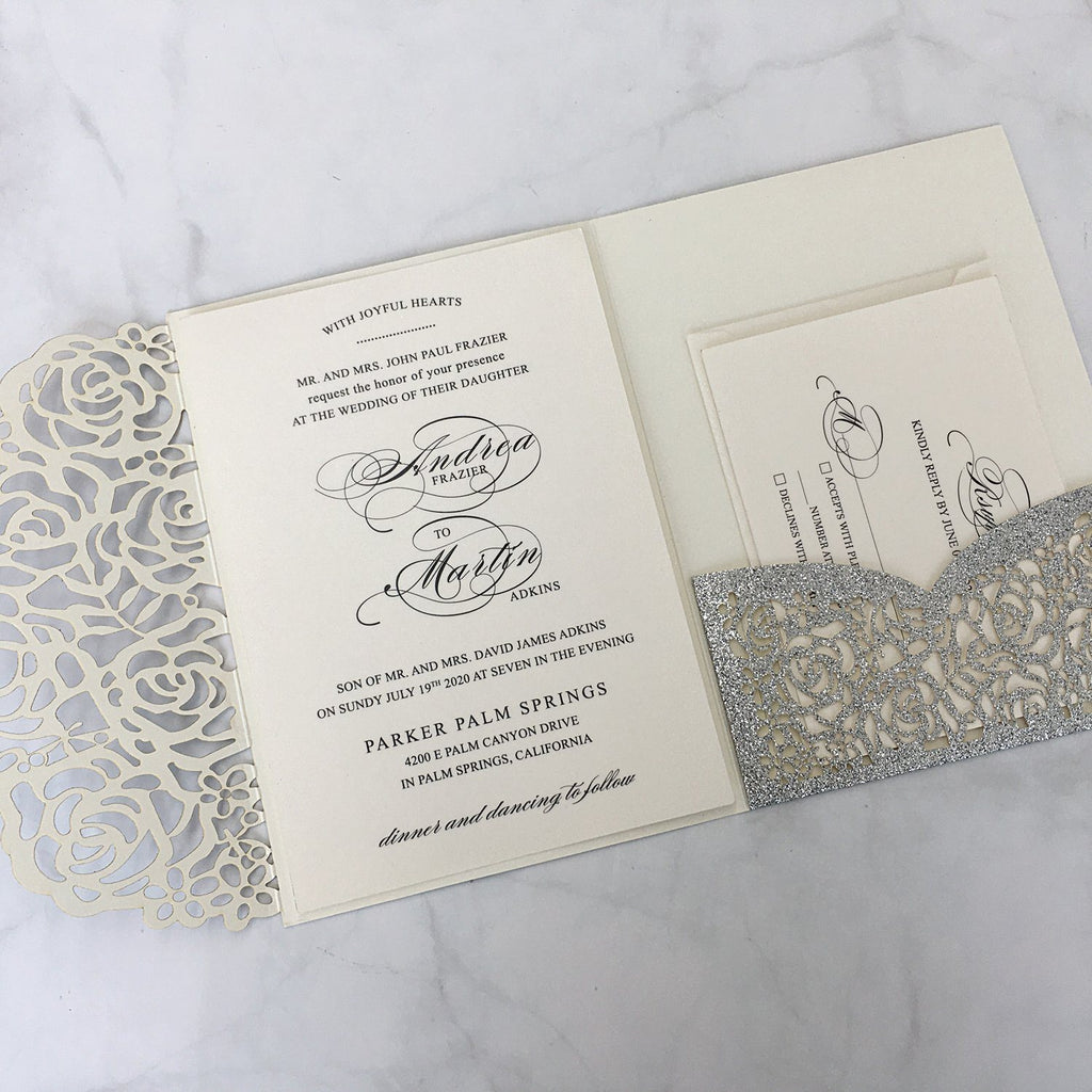 Glitter Paper Wedding Invitations Silver Laser Cut Invitations Card with Ivory Inner Card and RSVP Cards Picky Bride