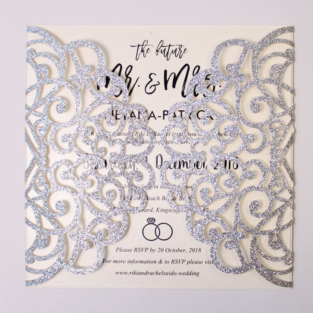 Glitter Silver Laser Cut Invitations With Envelopes for Luxury Wedding Picky Bride