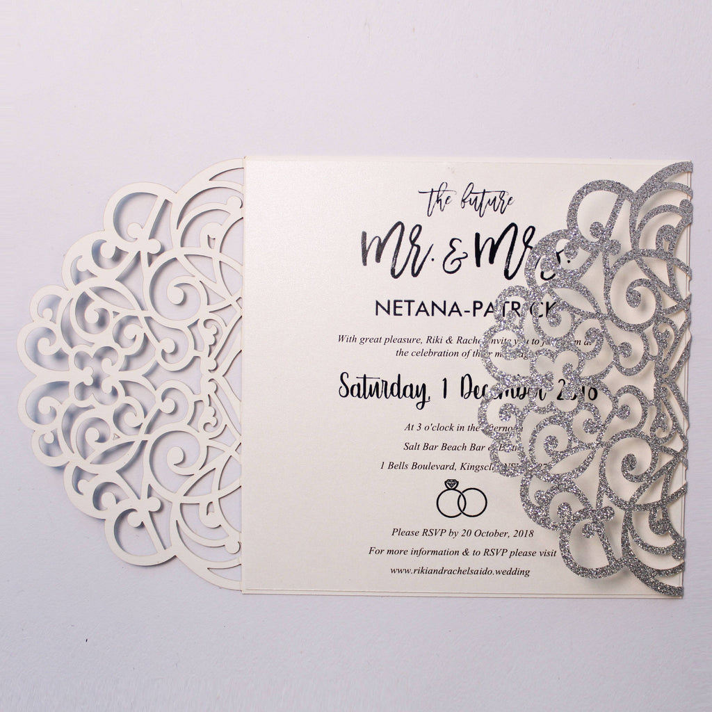 Glitter Silver Laser Cut Invitations With Envelopes for Luxury Wedding Picky Bride