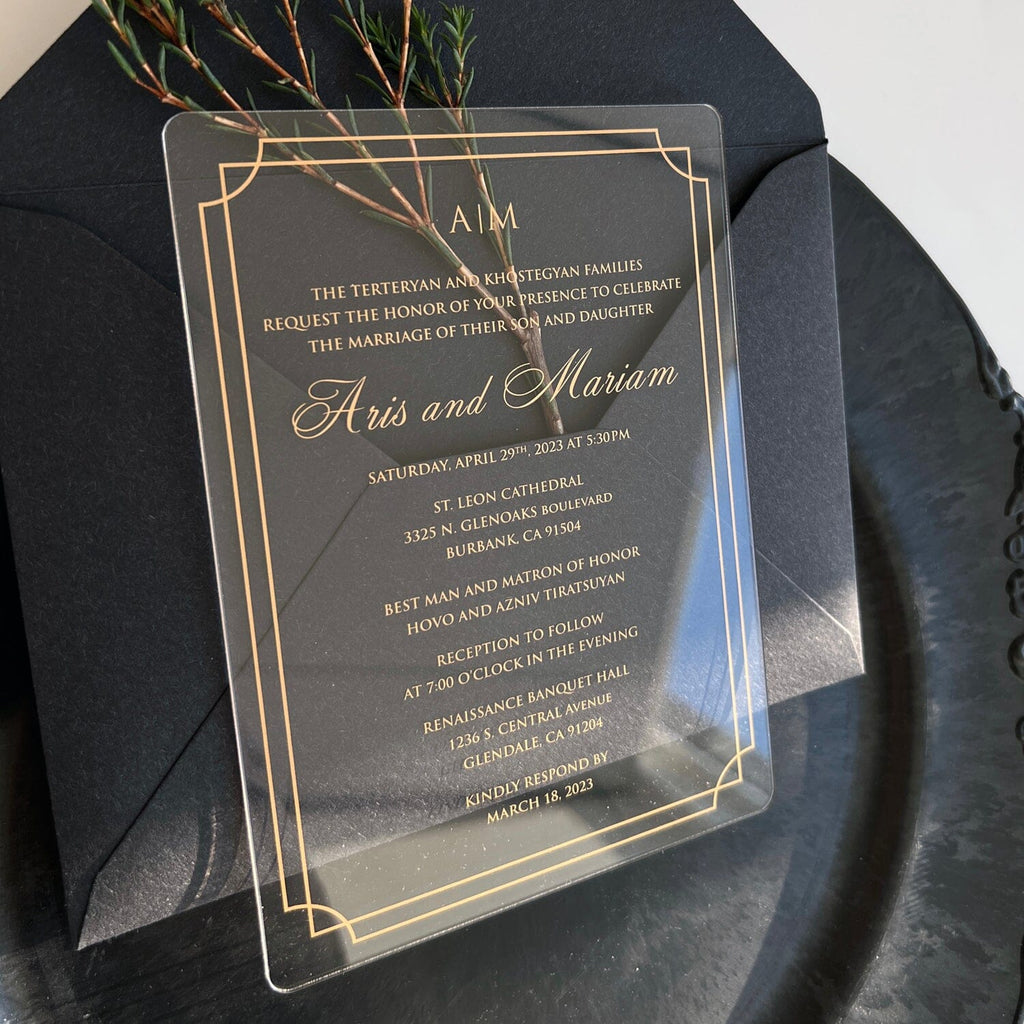 Gold Foil Acrylic Wedding Invitations with 250GSM Envelope, Clear Transparent Invitation, Business Invites Picky Bride