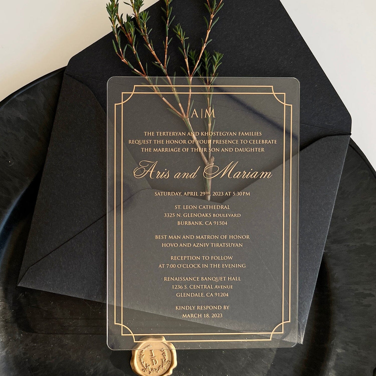 Gold Foil Acrylic Wedding Invitations with 250GSM Envelope, Clear Tran