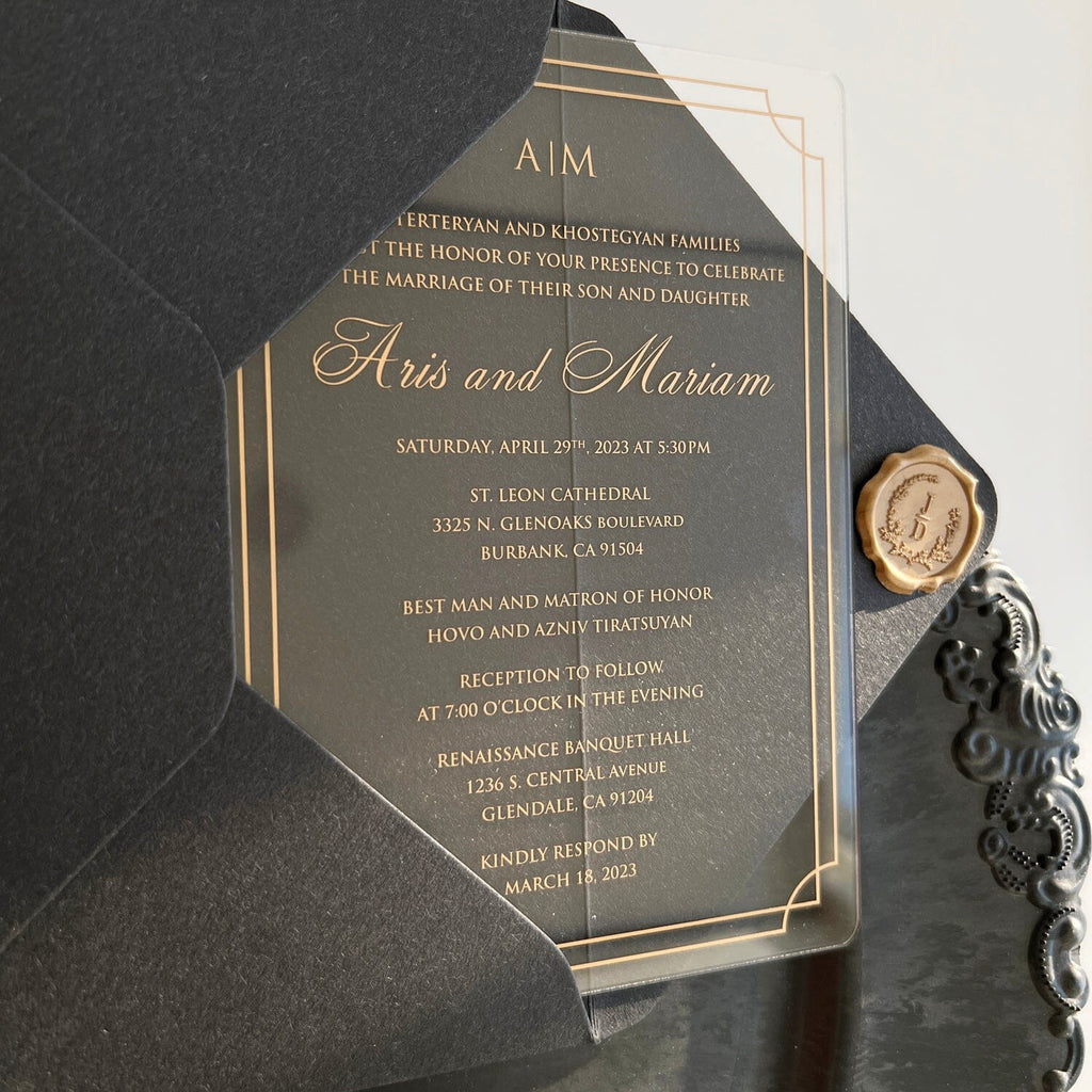 Gold Foil Acrylic Wedding Invitations with 250GSM Envelope, Clear Transparent Invitation, Business Invites Picky Bride 