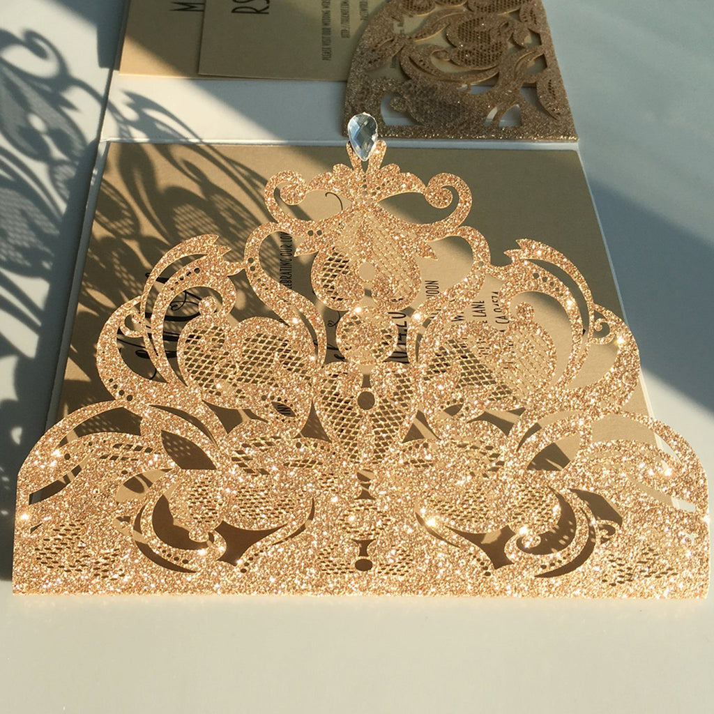 Gold Glitter Laser Cut Wedding Invites with RSVP Cards Luxury Wedding Cards Picky Bride 