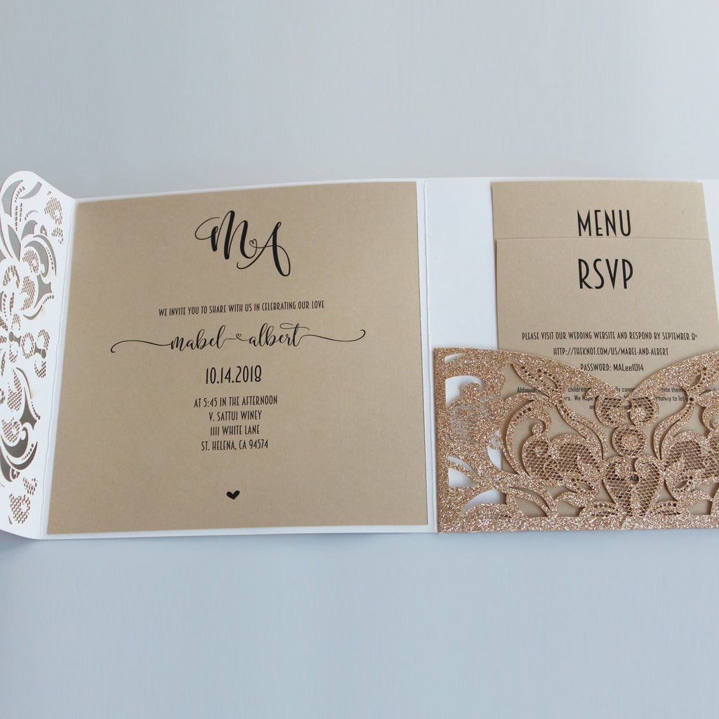 Gold Glitter Laser Cut Wedding Invites with RSVP Cards Luxury Wedding Cards Picky Bride