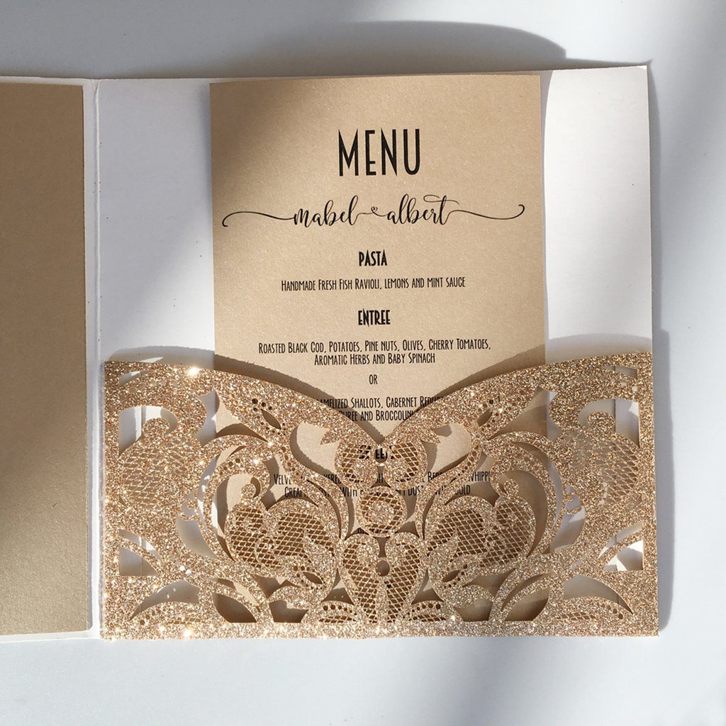 Gold Glitter Laser Cut Wedding Invites with RSVP Cards Luxury Wedding Cards Picky Bride