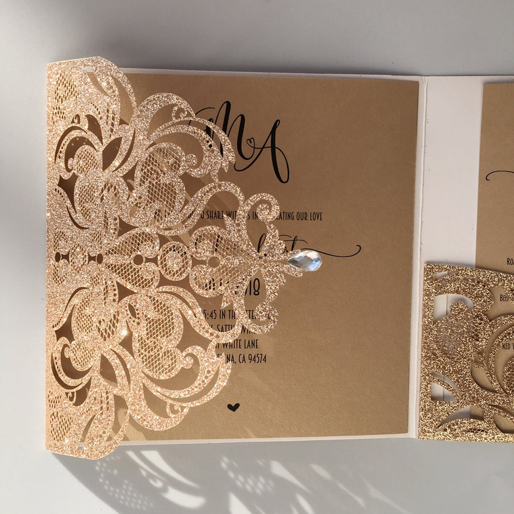Gold Glitter Laser Cut Wedding Invites with RSVP Cards Luxury Wedding Cards Picky Bride