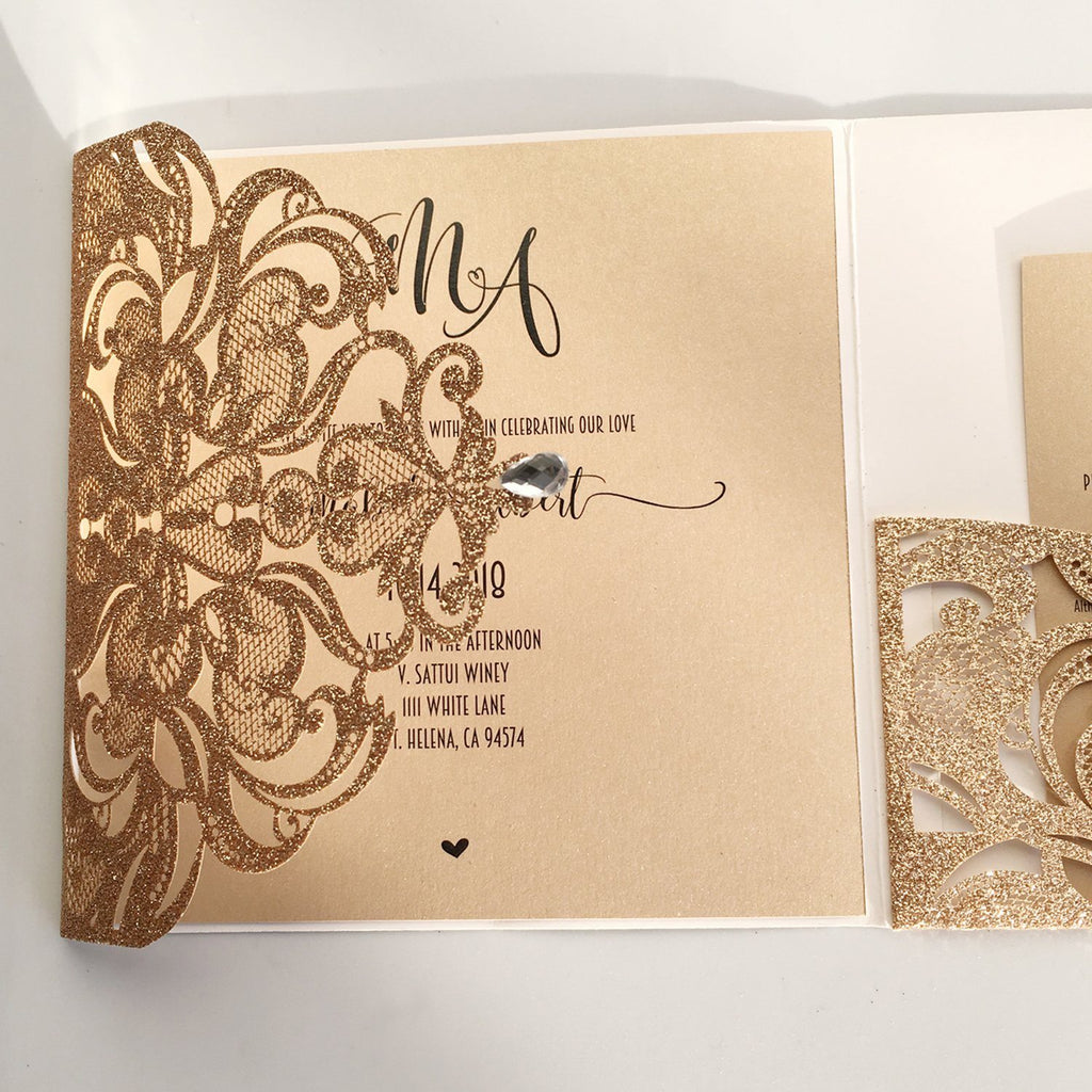 Gold Glitter Laser Cut Wedding Invites with RSVP Cards Luxury Wedding Cards Picky Bride