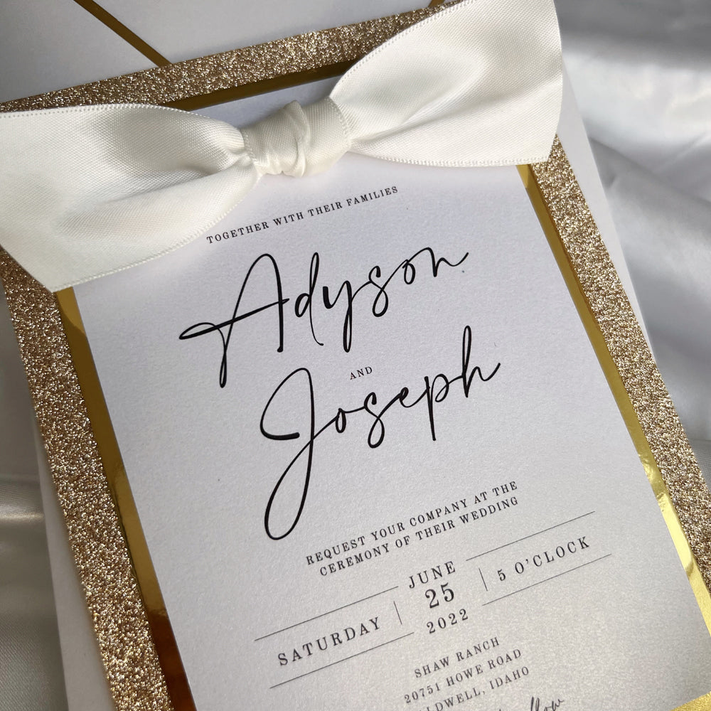 Gold Glitter Multi Layers Wedding Invitations with Ribbon Bow, Customi