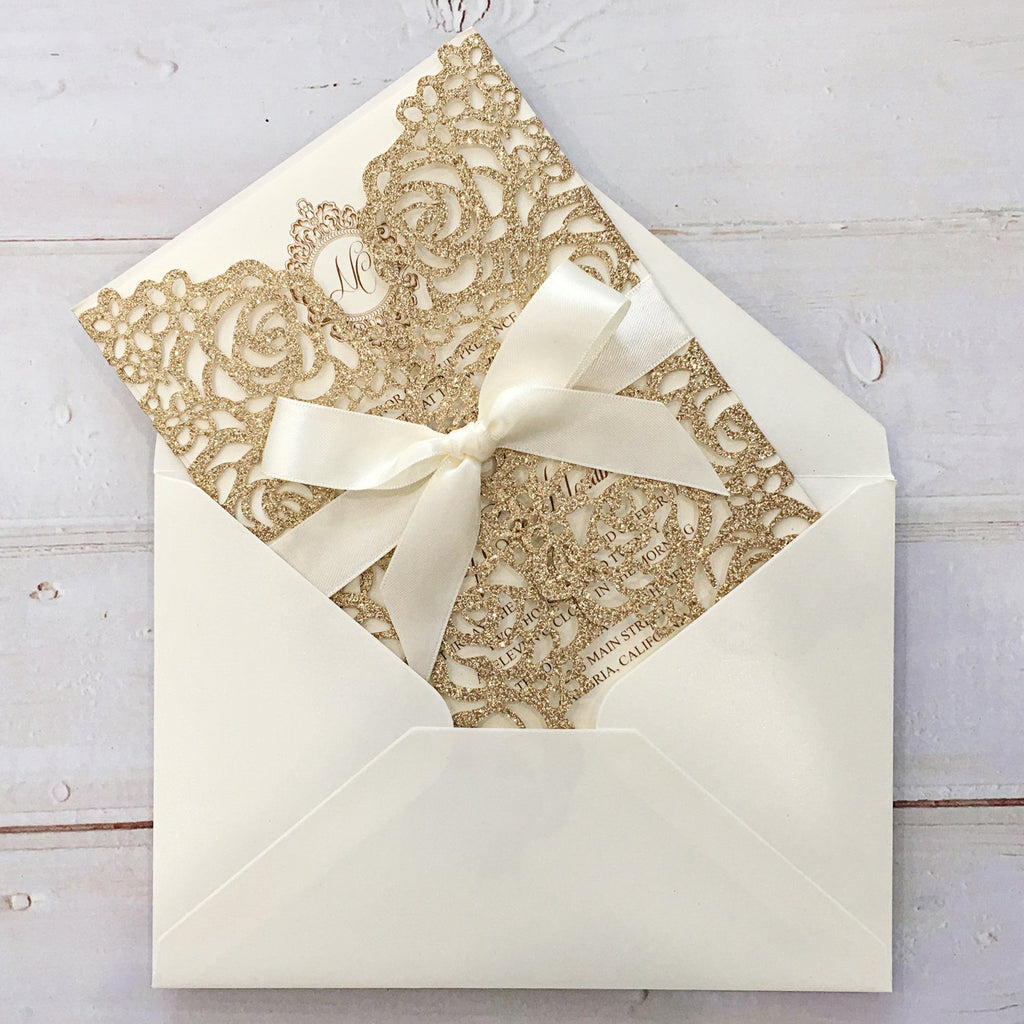 Gold Glitter Rose Wedding Invitation Picky Bride