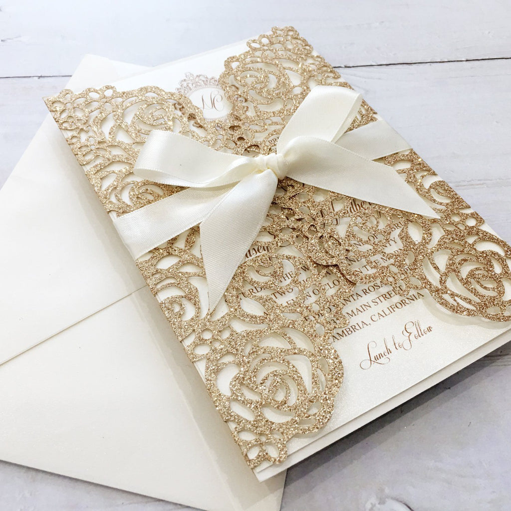 Gold Glitter Rose Wedding Invitation Picky Bride