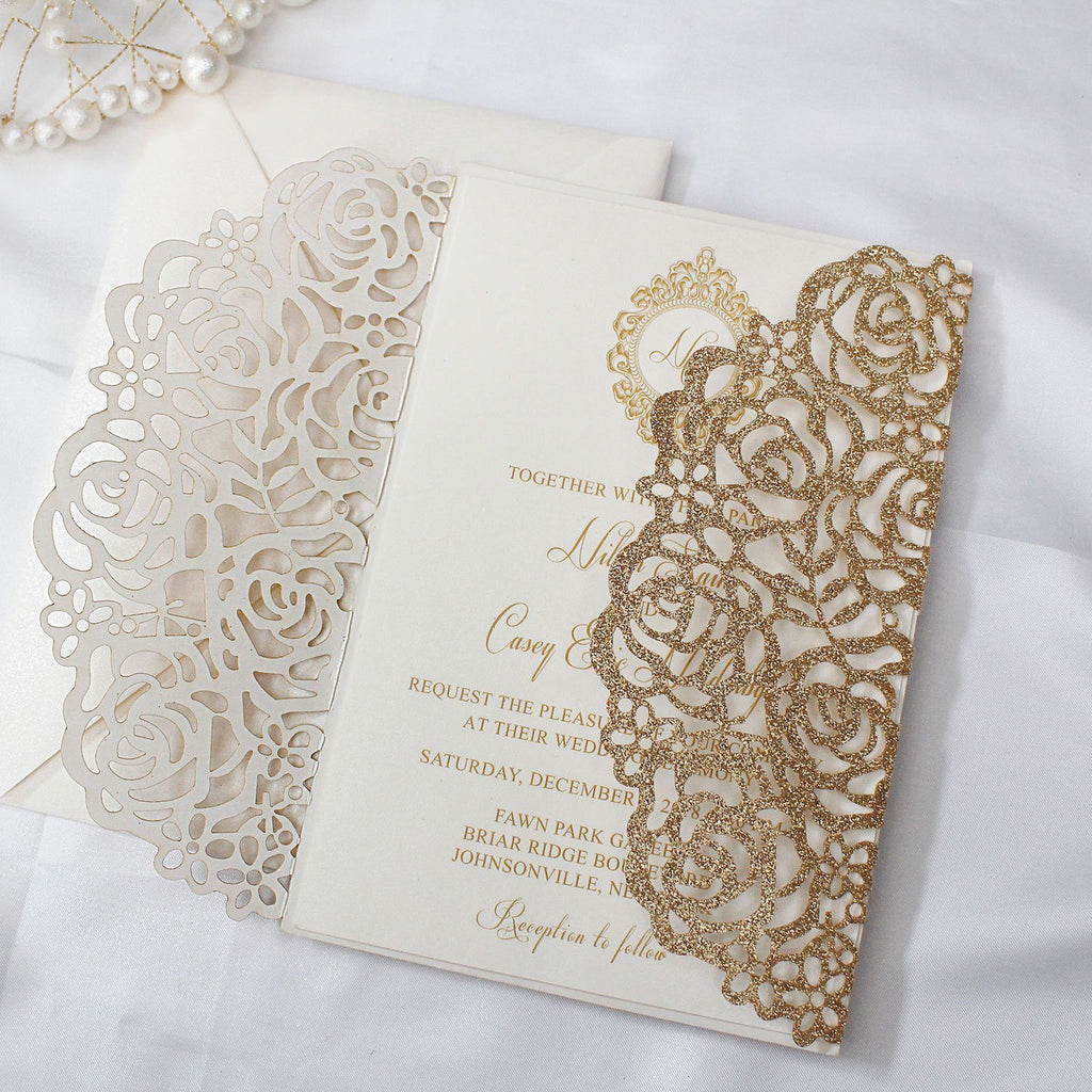 Gold Glitter Rose Wedding Invitation Picky Bride 